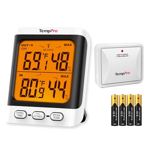 TempPro Indoor Outdoor Thermometer Wireless, 500 ft Outside Thermometer with Cold-Resistant Sensor, Outdoor Thermometer Waterproof for Patio with 3.3' LCD Backlit Display (Previously ThermoPro)
