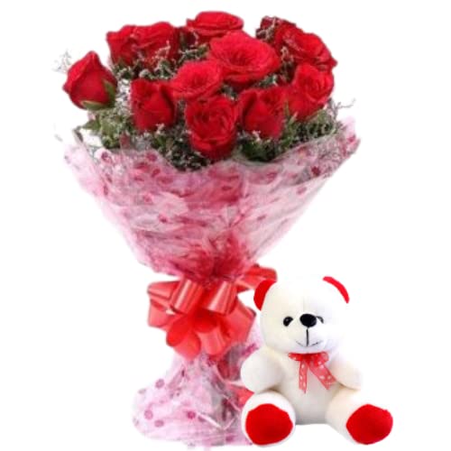 Floralbay 12 Red Roses Bunch With 6 Inch Teddy Bear