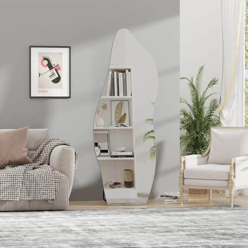 Image of QDSSDECO Full Length Mirror Irregular Wavy Mirror with Stand, Frameless