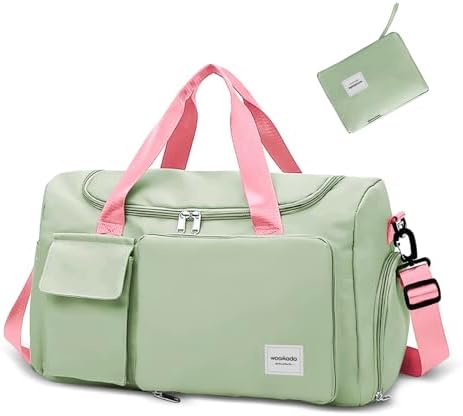 WOOMADA Foldable Travel Duffel Bag for Women, Weekender Bags with Shoes Compartment,Overnight Bag with Wet Pocket & Trolley Sleeve(Green&Pink)