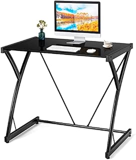 COSTWAY Computer Desk, Modern PC Laptop Table Writing Workstation with Tempered Glass Top, Z-Shaped Steel Frame Simple Working Gaming Study Desk for Home Office Bedroom, Black
