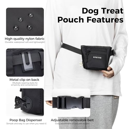 EPETKO Leckerlibeutel für Hunde mit Metall-Gürtelclip, Leistungsstarke Magnetverschluss Gerät Beutel Leckerli Hund Gürtel, Große Kapazität Hund Leckerli Tasche Beutel mit Poop Bag Dispenser (Schwarz)