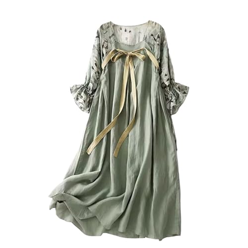 Robe patchwork imprimé style chinois coton lin ample coupe trapèze femme