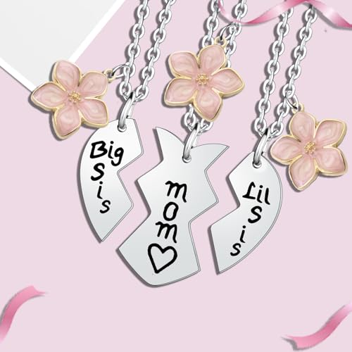 YEEQIN 3PCs Mother Daughter Necklace Set, Big Sis Lil Sis Mom Jewelry Gift Heart Necklace Gifts for Mother Daughters2