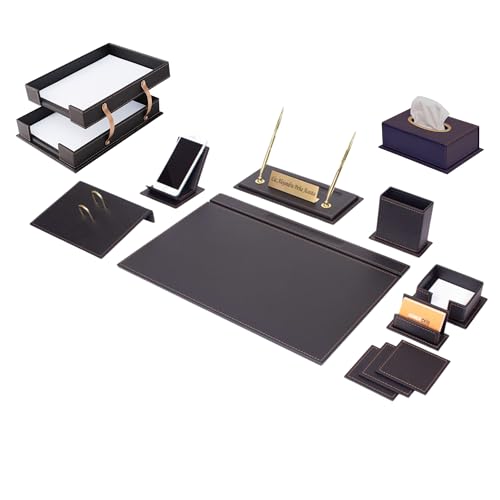 14 Pieces Leather Desk Organizer Set Leather Office Accessories Excutive Desk Set (Black with Brown Thread)