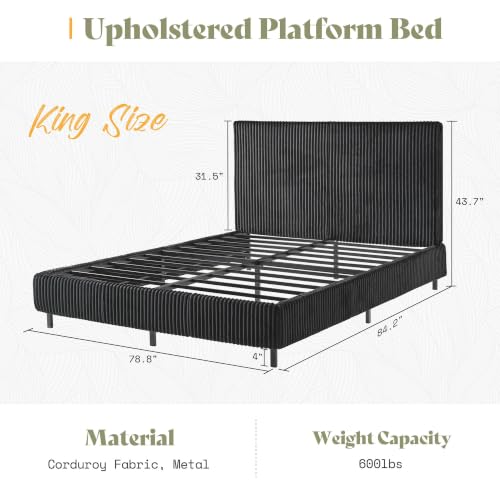 Image of AMERLIFE King Bed Frame, Upholstered Metal Platform Bed, Black