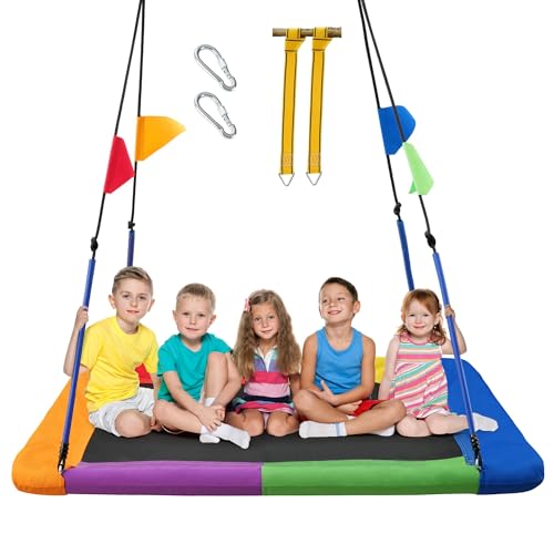 PACEARTH Tree Swing Rectangular Swing Set for Kids and Adults Heavy Duty Support 900LBS with Foam Protected 8-Strand Ropes and Thickened Hardware Easy to Install Outdoor, Colorful with Flags