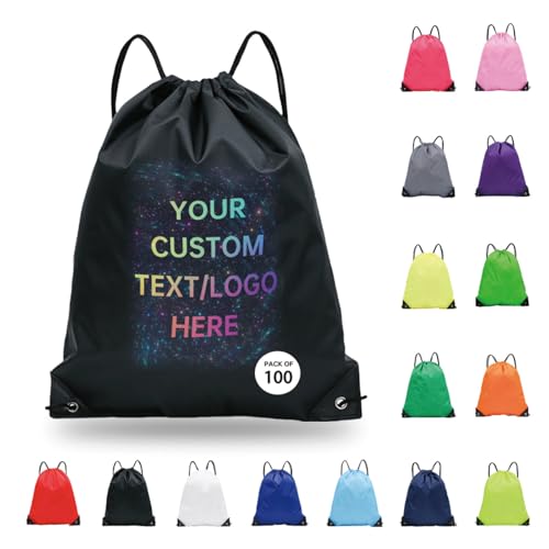 pack of 100 Custom Bags With Your Logo,customized backpack,promotional items,Drawstring Backpacks,Great for Everyday Use (Custom black)