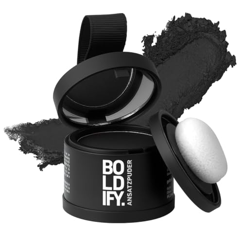 BOLDIFY Ansatzpuder 4g - Haar Concealer zur Haarverdichtung für Frauen und Männer, Grauabdeckung für 24h, wasserfestes Haar Make-up zum Ansatz kaschieren (Schwarz)