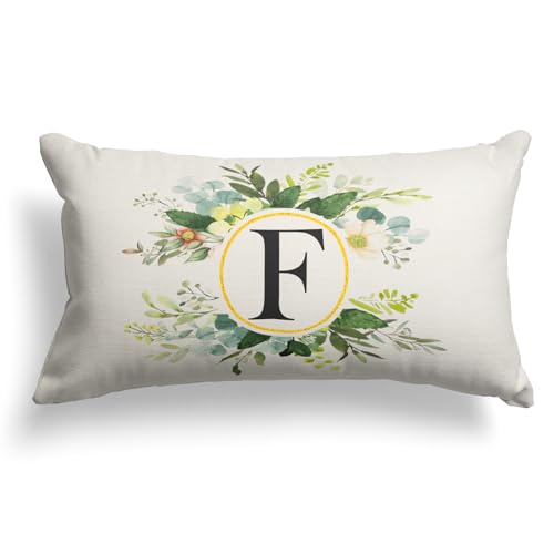 Snycler Monogram Letter F Throw Pillow Covers Floral 12x20 Inch, Greenery Spring Pillows Decorative Throw Pillows Pillowcase Summer Farmhouse Decor for Couch Sofa, Family Last Name Initial Pillow Case