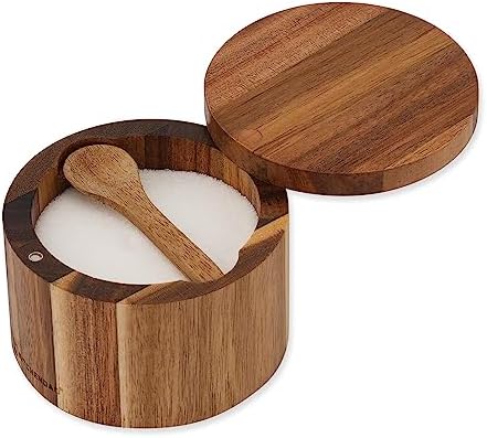 KITCHENDAO Acacia Wood Salt Cellar Bowl Box with Built-in Spoon to avoid Dust, Elegant Kitchen Salt Container Holder with Swivel Magnetic Lid to Storage Pepper Spice Bath Salt Sea Salt, 6OZ