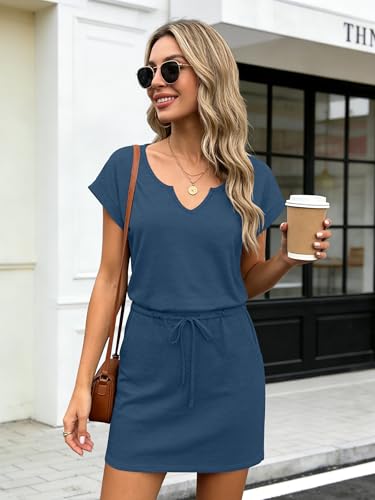 Image of SAUKOLE Women Summer T Shirt Dress Casual Short Sleeve V Neck Dress with Pockets Drawstring Waist Short Dresses