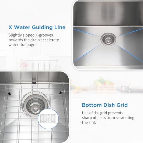 SANYCASA 26 Inch Undermount Kitchen Sink with Quiet Drain, Bottom Grid - 11 Gauge Stainless Steel Single Bowl by SANYCASA - Used condition - Image 4