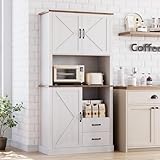 GarveeHome Modern Kitchen Pantry Cabinet with Microwave Stand, Tall Hutch Bar Cabinet with Drawers & Adjustable Shelves, Large Wood Storage Cabinet for Dining Room, Living Room, White
