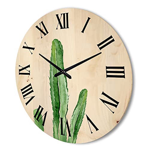 Designq 'Green Cactus South Western Plant' Tropical Wood Wall Clock Large Decorative Floral & Botanical Wall Clock Oversized Wood Clocks For Living Room Décor #TOP2