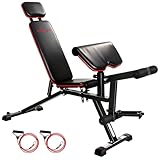 SPORTNOW Hantelbank verstellbar bis 300 kg 3 in 1 Trainingsbank mit Rollen Beinstrecker Curlpult langer Kopfstütze Schrägbank mit Widerstandsbändern Fitnessbank für Home Gym Zuhause