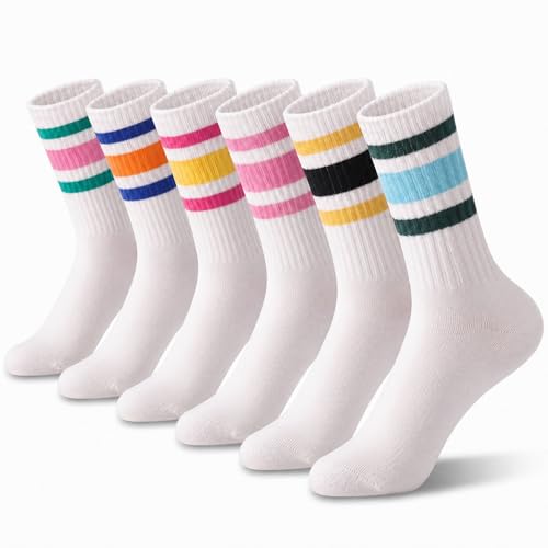 Zoe Cubby Striped Crew Socks 6-Pack - Retro Sport Socks for Men/Women - Breathable Cotton Seamless Comfort The best Valentines Day gift
