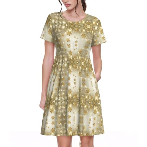 Vestido de Navidad de seda dorada manga corta túnica casual de verano con bolsillos laterales 1