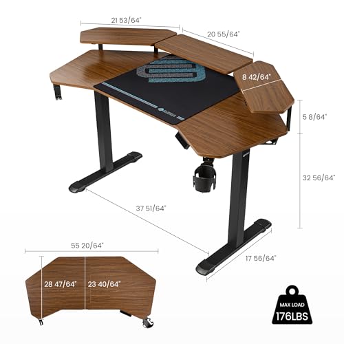 Image of EUREKA ERGONOMIC Aero 55 Inch W Shaped Electric Standing Desk, Height Adjustable Computer Gaming Desk with LED Monitor Shelf, Mouse Pad, Headphone Hook, Cup Holder, Dark Walnut