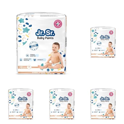 Image of Jr. Sr. Baby Diaper Pants | Medium (M) Size (7-12 kg), 70 Count | Pack of 5 | Upto 12 hr Absorption with Advanced Leak Protection | Safe For Babies Skin | Soft, Secure & Comfy