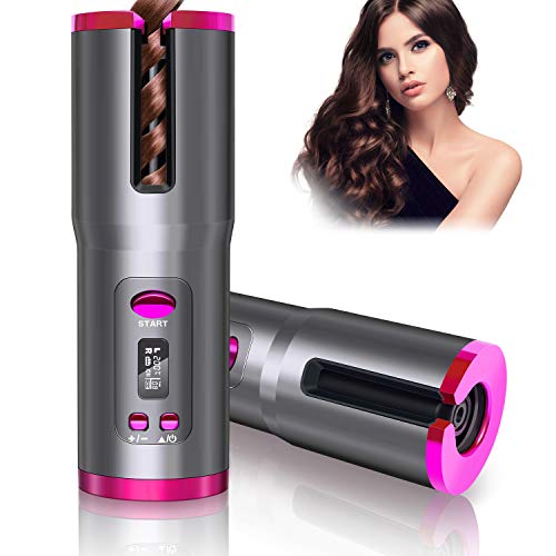 AMZGIRL Cordless Auto Curler, Automatic Curling Iron, Rechargeable Auto Ceramic Barrel Hair Waves Curler with 6 Temperature & Timer Settings, Auto Shut-Off Portable Curling Wand for Hair Styling (Pink)