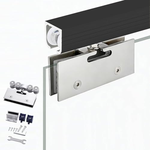 Kit de herrajes para puerta corredera de vidrio sin marco de una sola vía, riel guía de riel en U para puertas interiores de vidrio, rieles de puerta de bolsillo de metal para montaje superior