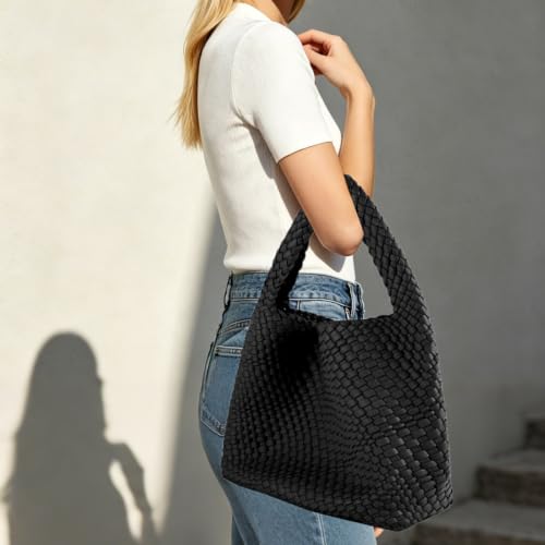 Image of Woven Tote Bag For Women, Large Vegan Leather Travel Handbag, Casual Work Shoulder Bag, Underarm Commuter Hobo Bag With Purse