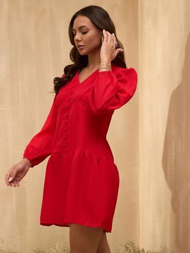 Rare Women's Polyester A-Line Mini Casual Dress (Ep8131A_Red_S)