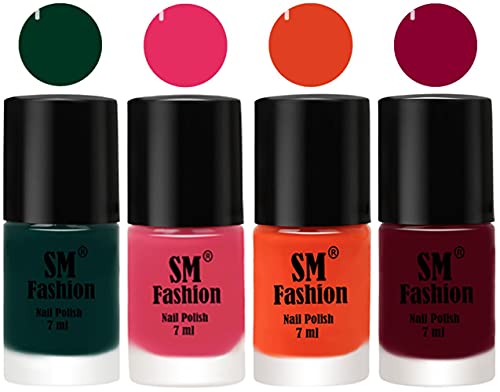 Image of Nail Polish Combo Set (Pack of 4) Quick Dry Gel Finish Nail Paint | Dark Green,Dark Rose Pink,Reddish Orange ,Boysenberry | 7 ml Each