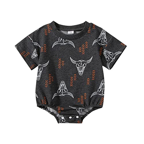 Image of ZyHwShine Western Baby Outfit Infant Boy Girl Short Sleeve Cow Print Romper Bodysuit Cute Onesie Summer Playsuit Clothes (Dark Gray B,0-3 Months)