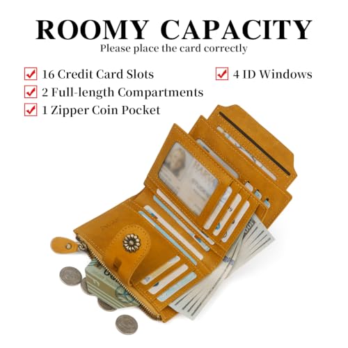 Image of RFID Blocking Womens Wallet,Genuine Leather Compact Small Wallet | (Bright Yellow)16credit card slots,4xid window,1xcoin zipper pocket,2xfull-length compartments,1 Removable ID Window