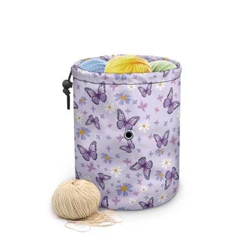 Image of Sellikakes Purple Butterfly Yarn Bag Crochet Storage Organizer, Knitting Crochet Storage Bag for Crocheting Project, Store Skein Ball, Short Knitting Needle Sewing Supplies Accessories