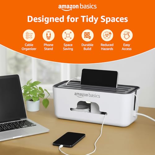 Image of Amazon Basics - Cable Management Box with Mobile Stand - Power Strip, Cords, Wires | Surge Protector Hiding Cover Organizer for Home, Office (White)