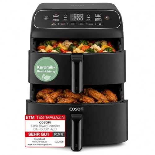 COSORI Airfryer | Turbo Tower Compact | Heißluftfritteuse 2 Kammern Keramikbeschichtung | 8 6L Double Stack mit mehreren Lüfterstufen | 2700W| Schwarz | DC861