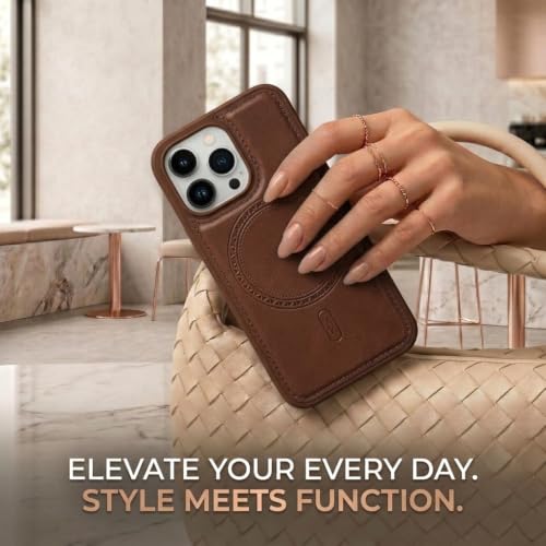 Image of amazon basics Premium PU Leather Case for iPhone 13 Pro, MagSafe Compatible Magnetic Ring, Sleek Protective Back Cover - [Brown]