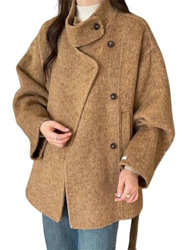 Image of Womens High Collar Wool Blend Short Coat Asymmetrical Button Closure And Oversized Coffee S