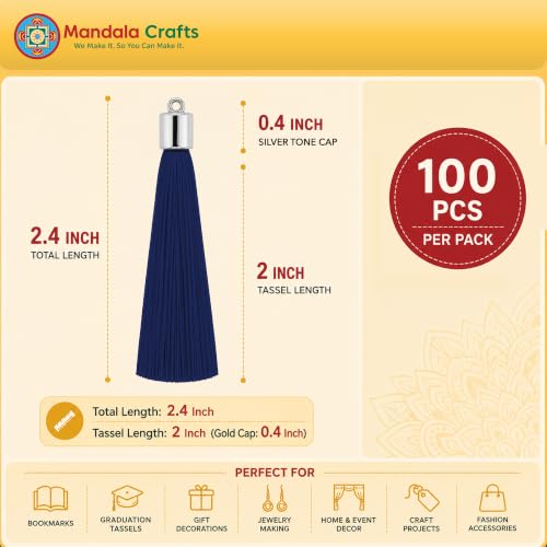 Image of Mandala Crafts Small Silver Tone Cap Navy Blue Bookmark Tassels with Loops