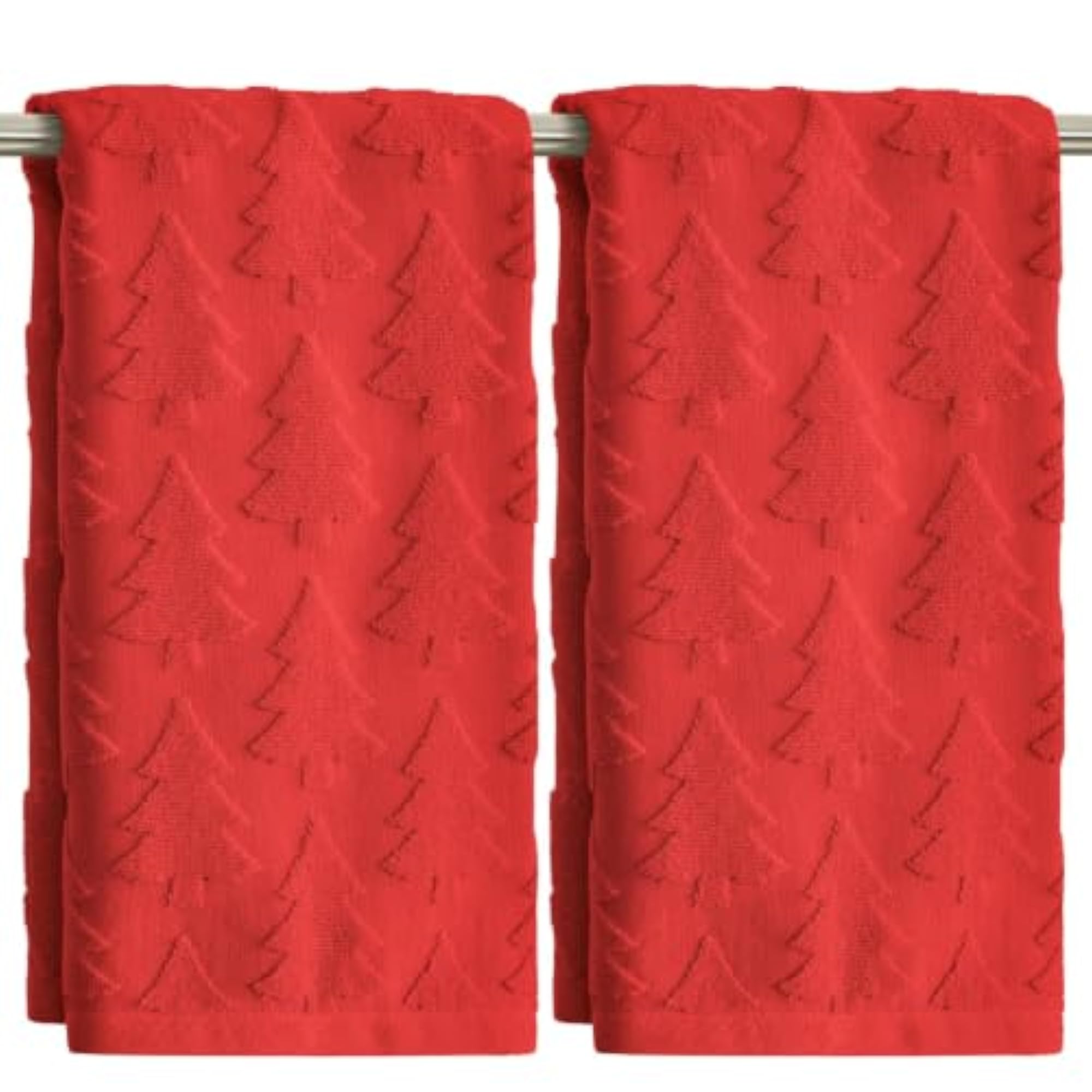 2 Pcs Red 3D Xmas Tree Jacquard Hand Towels, Cotton