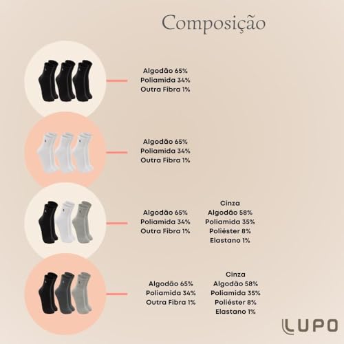 Kit 09 Pares Meia Lupo Sport Cano Médio Algodão Adulto