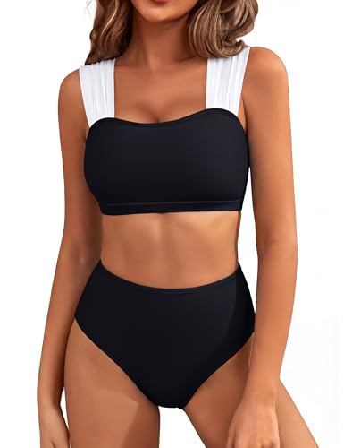 Image of Blooming Jelly Women High Waisted Bikini Sets Color Block Tummy Control Swimsuits Retro Square Neck Sporty Bathing Suit