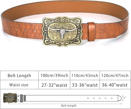 Image of UTOWO Western PU-Leather Cowboy Buckle Belt for Men and Women Jeans Engraved Floral Longhorn Bull Buckle Belt (25-38 inch waist)