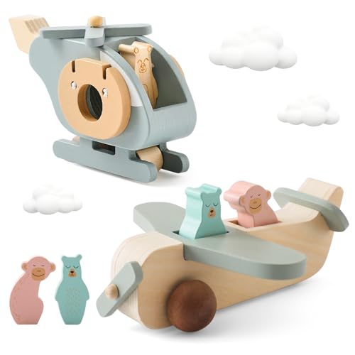 Etucdose 飛行機 ヘリコプター おもちゃ 乗り物おもちゃ 2点セット 木製 知育玩具 柔らかい 赤ちゃん 0歳〜1歳 2歳 3歳 新生児贈り物 プレゼント