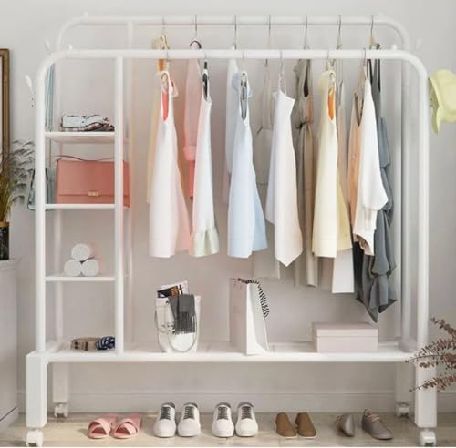 Image of HomeCloud Cloth Drying Stand | Multipurpose Dual Rod + Wheels Garments Rack with Bottom Shelf for Coat Hanger Home, Storage Organizer 1pc (White )