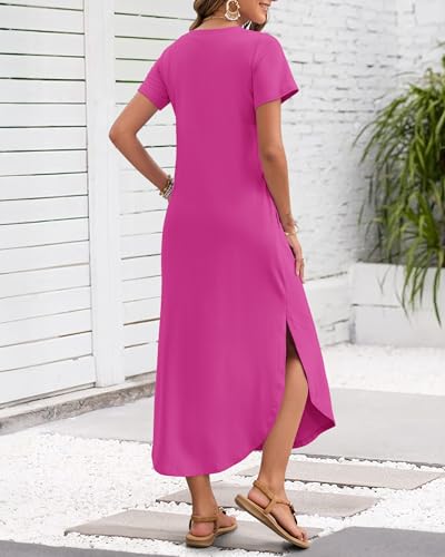 Image of MISFAY Women's Summer Maxi Dress 2026 Casual Short Sleeves V Neck Loose Sundress Split Long Beach T Shirt Dress