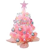 Small Mini Christmas Tree Pink with 50 LED Lghts 24 Inch /2FT Tabletop Artificial Christmas Tree Decorated Gift Boxes and Hanging Ornaments for DIY Christmas Decoration