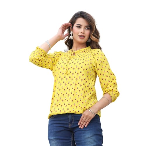 Image of Himanshi Enterprises Women's Traditional Casual 3 /4 Sleeves Mandarin Nack Rayon Floral Printed Short Kurti