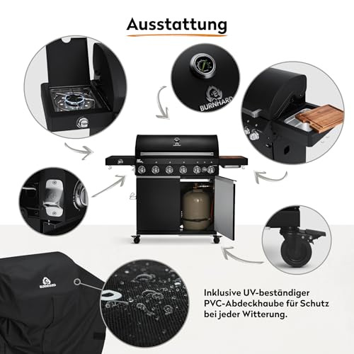 BURNHARD® Gasgrill 6-Brenner inkl. BACKBURNER, 900°C Infrarot-Keramikbrenner, Seitenkochfeld,...