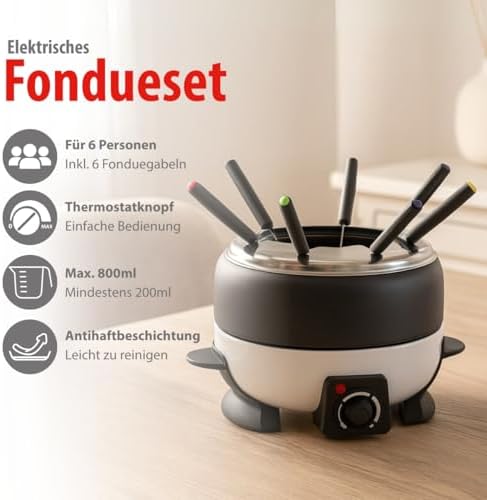 Bild 2 - Deluxe Elektrisches Fondue Set 800W – Elektrische Pfanne 2L für 6 Personen - Geeignet für Käsefondue und Schokofondue – Inkl. Fonduegabeln – Einstellbare Temperatur – Edelstahl