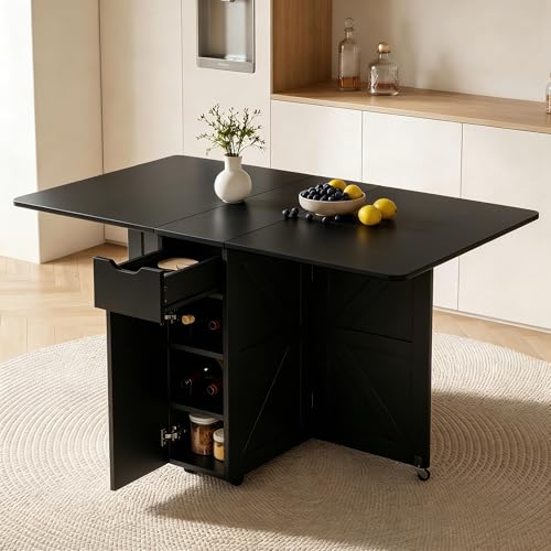 Image of Folding Dining Table with Drawer and Storage Shelves, 53 inch Space Saving Foldable Dining Table with 6 Wheels, Drop Leaf Table for Small Spaces