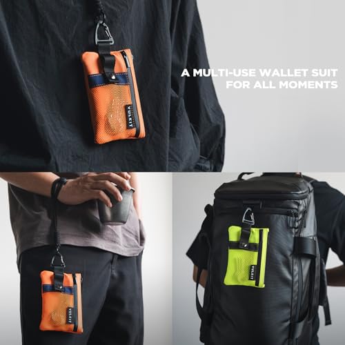 Image of VULKIT Small Minimalist Wallet for Women and Men RFID Blocking, Zipper Coin Pouch with ID Window and Keychain, Water Resistant Travel Lanyard Wallet Orange